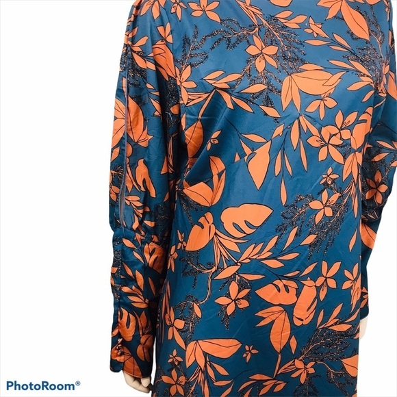 Suzanne Betro Plus Size 1X Blue Orange Floral Teal Sheath Long Sleeved D… - Picture 2 of 13